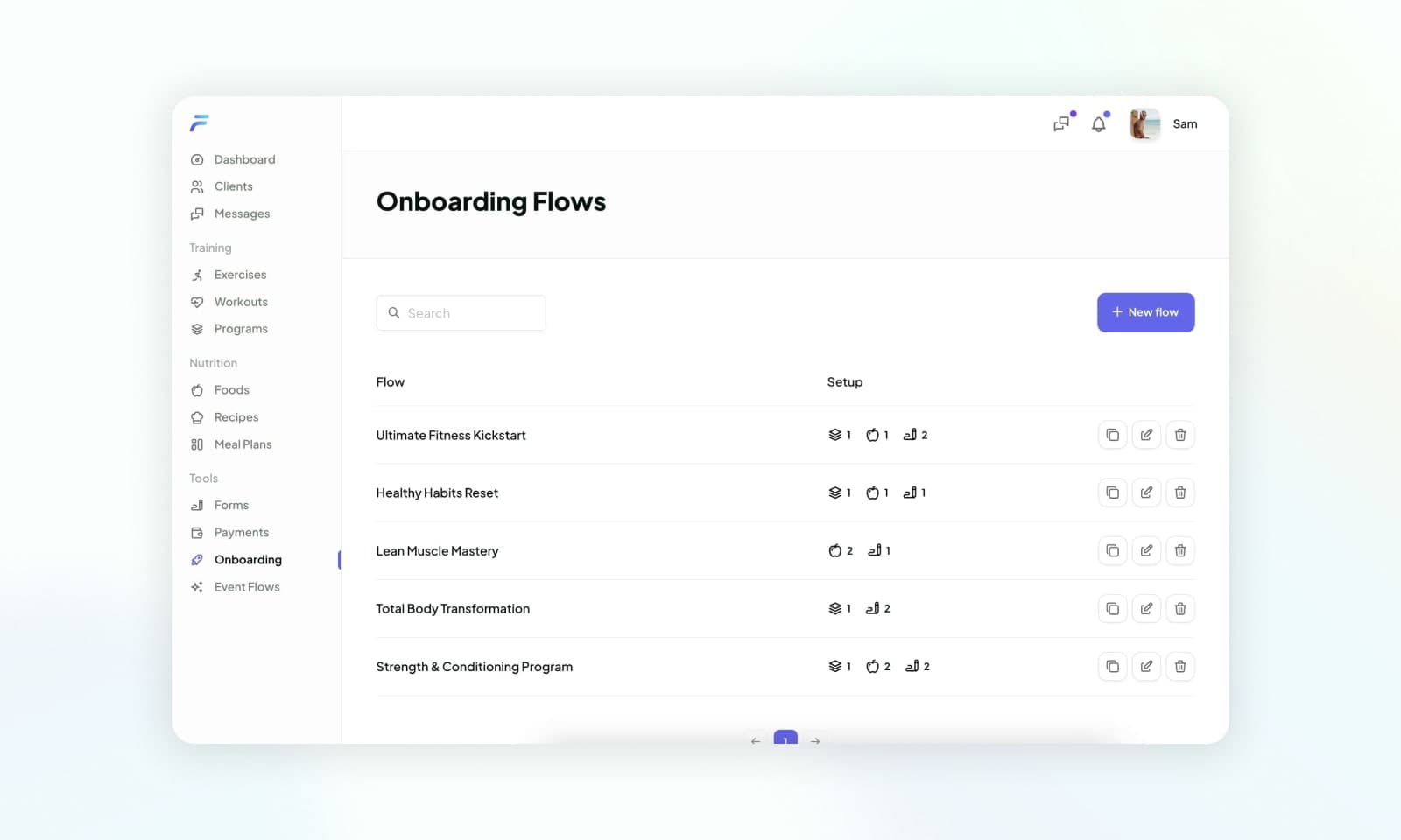 Shows a list of a coaches onboarding flows