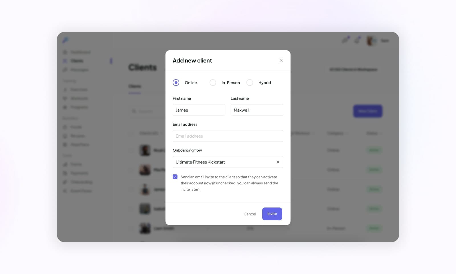 Creating a client account with an onboarding flow