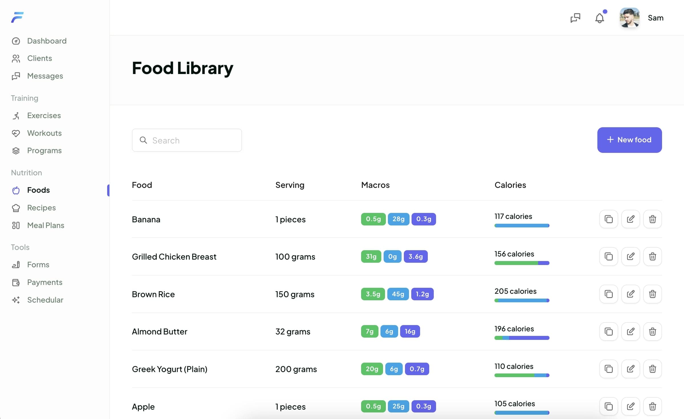 User's custom food library