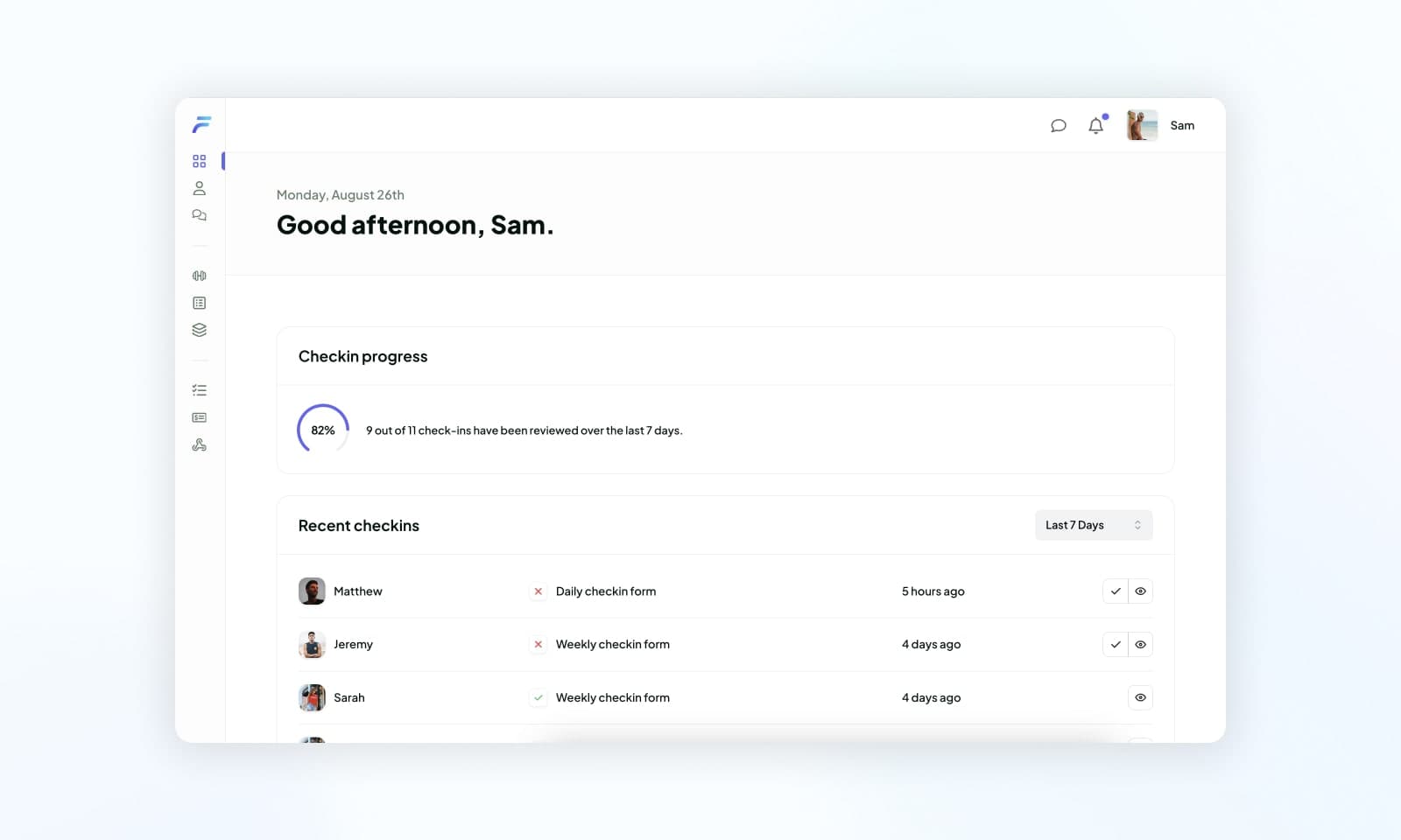 The check-in form list & progress widget on the dashboard