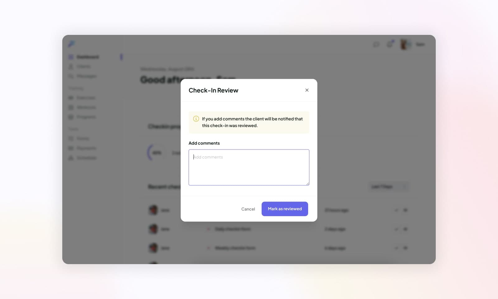 Reviewing a check-in form submission from the dashboard