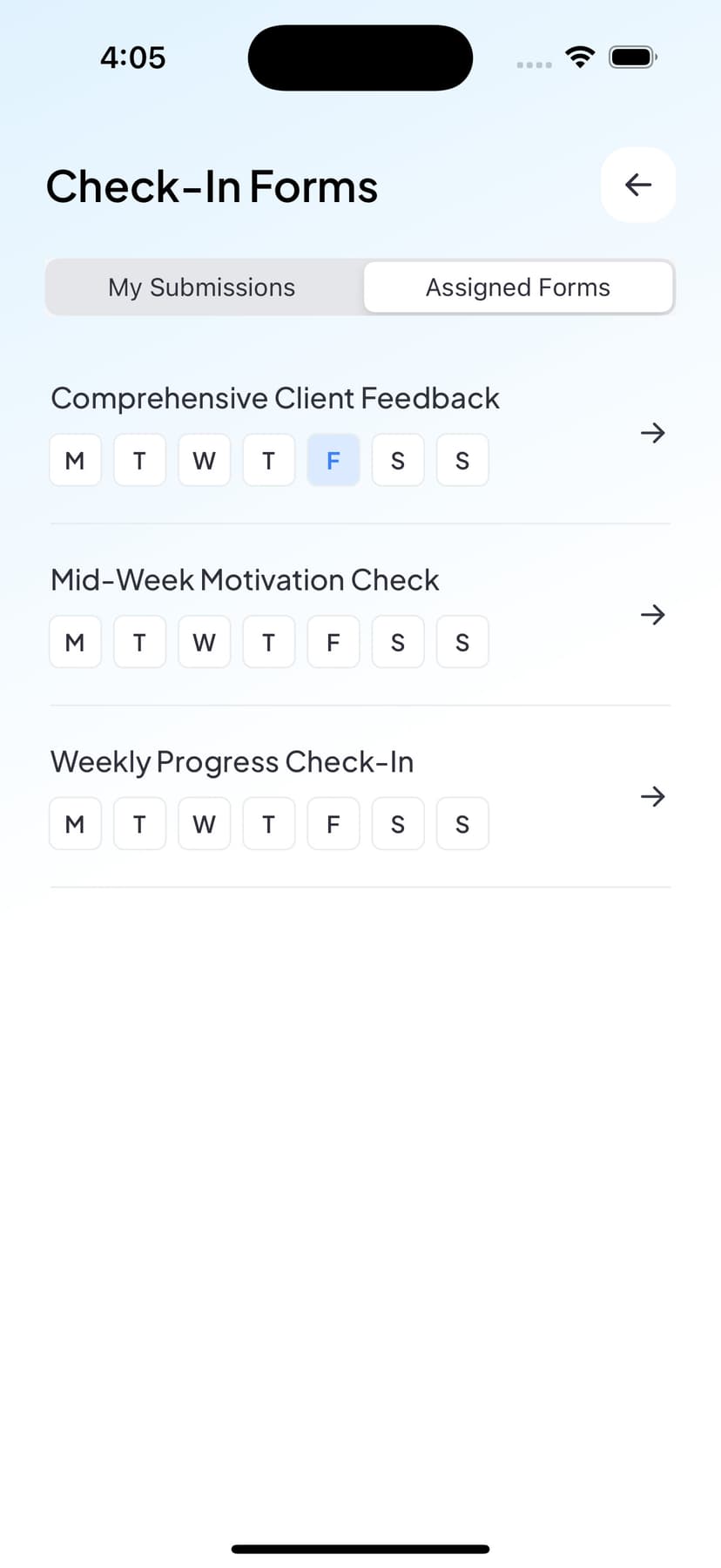 Client viewing assigned forms on dashboard