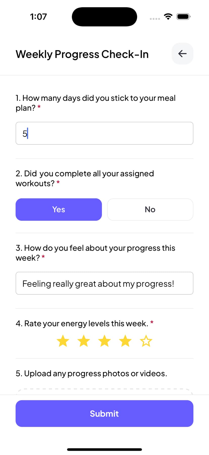 Client answering form questions with multiple input types