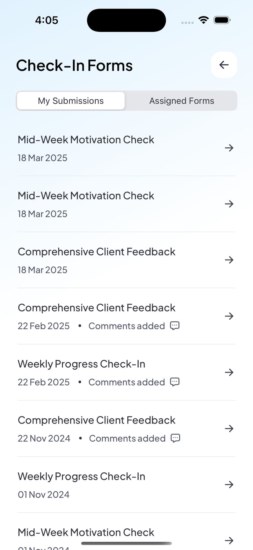 Client reviewing past form submissions and feedback