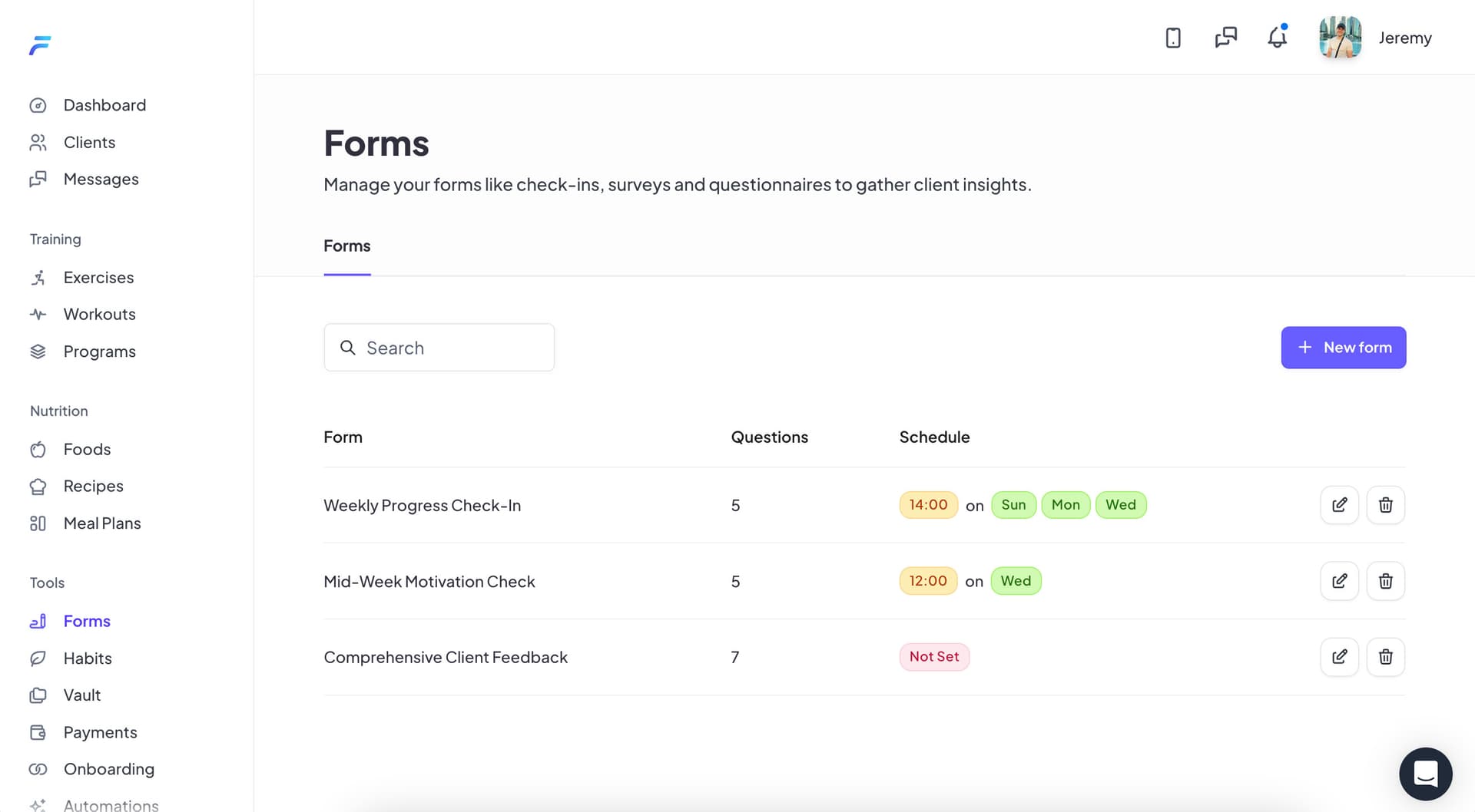 Form scheduling interface showing automated delivery times