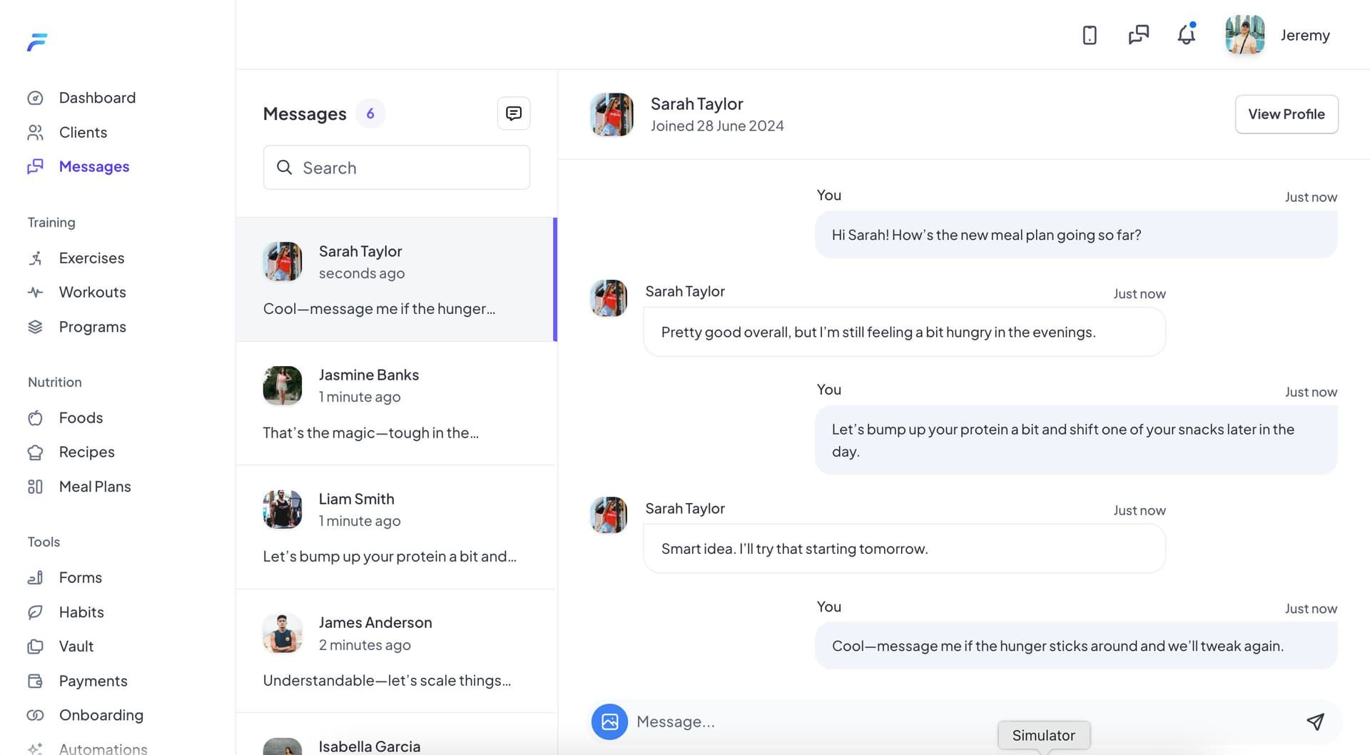 Real-time messaging interface with client conversations