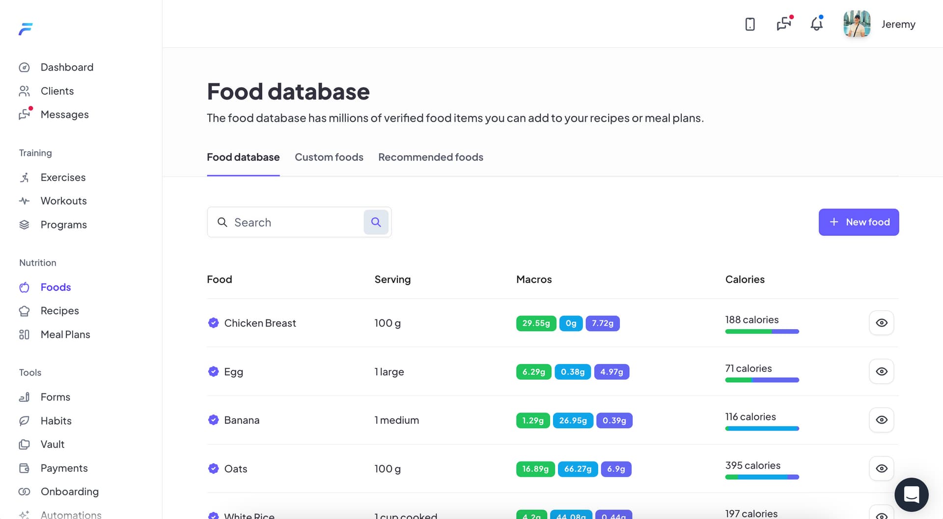 Food database search interface