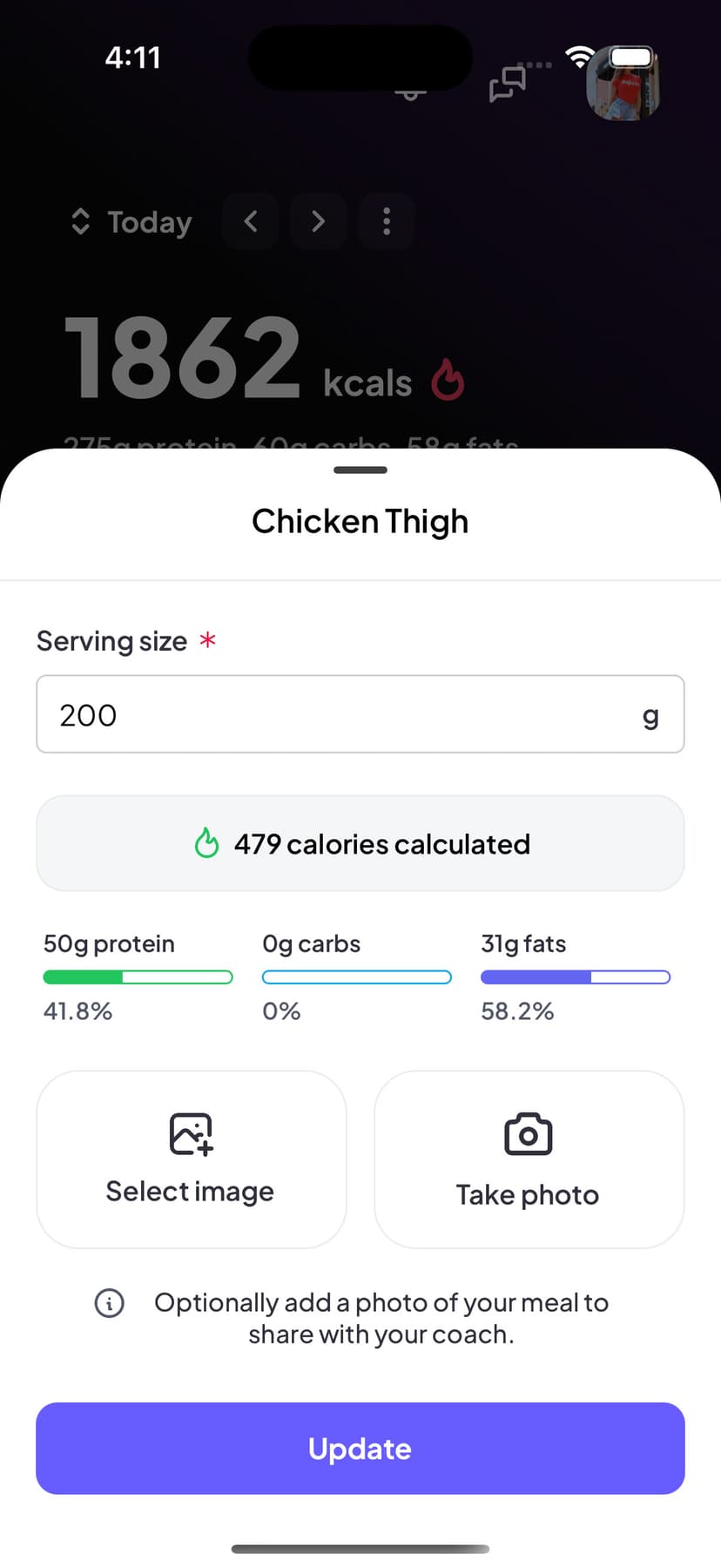 Food logging interface with serving sizes and macros