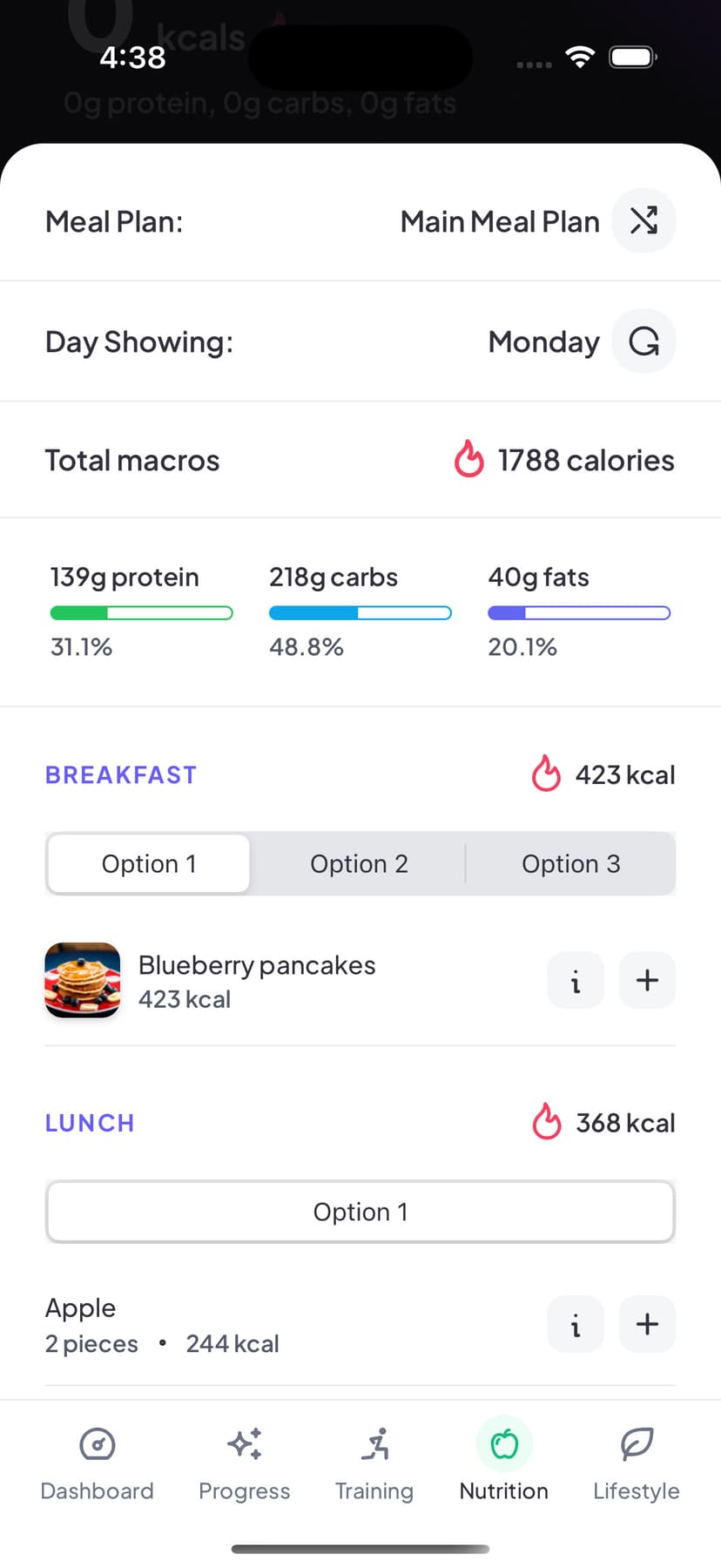 Meal plan interface showing daily meals and options
