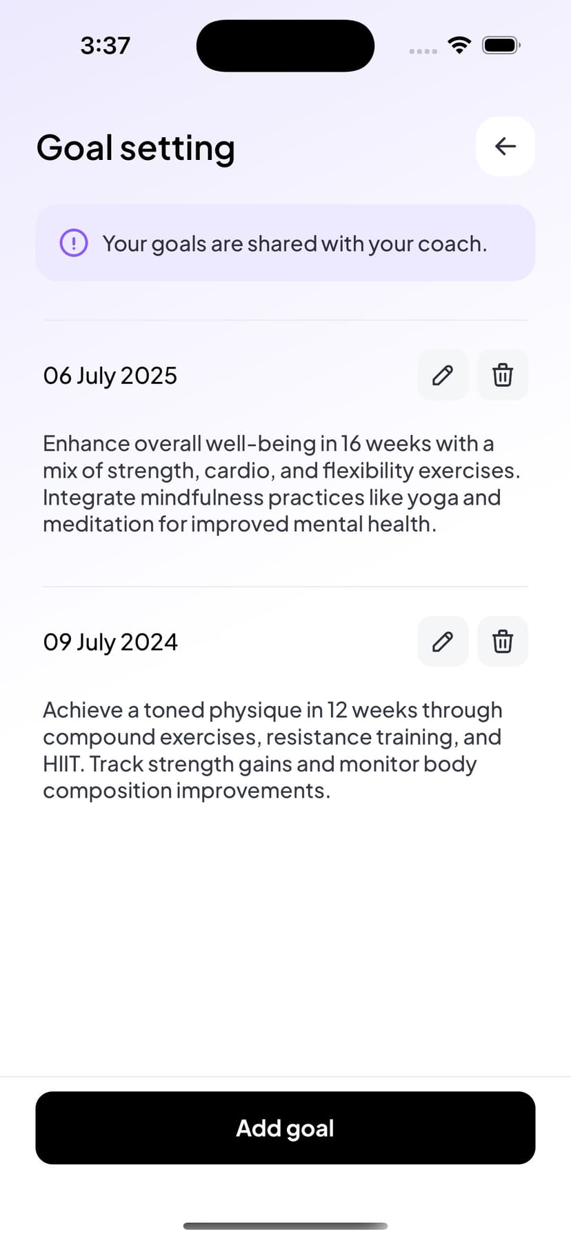 Client viewing exercise history with performance graphs