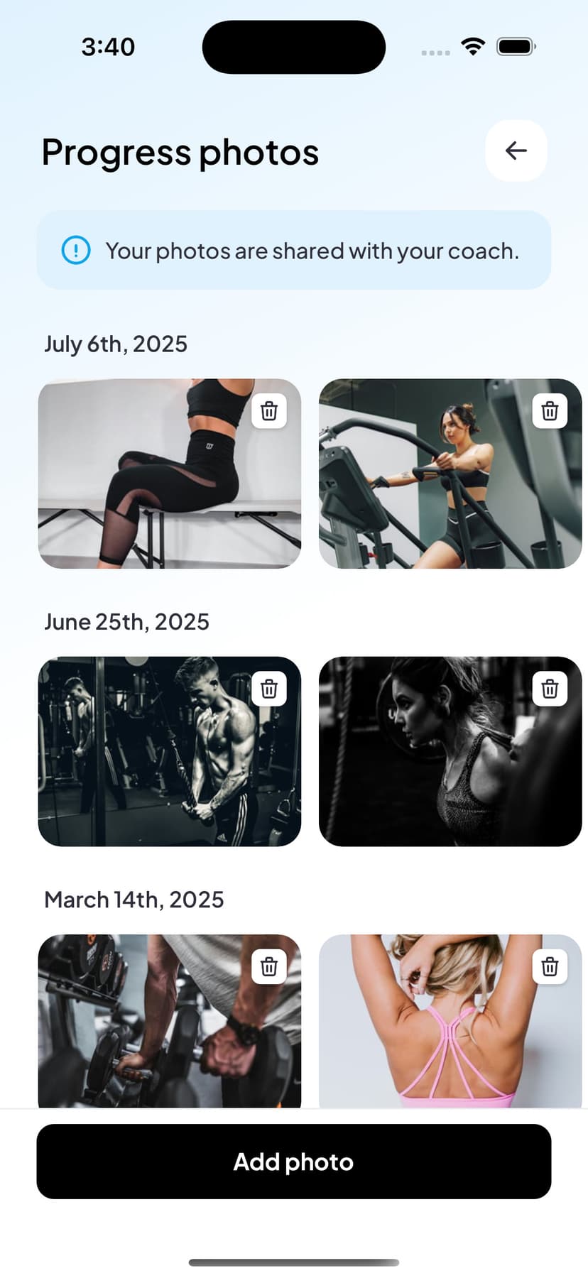 Client uploading progress photos for comparison