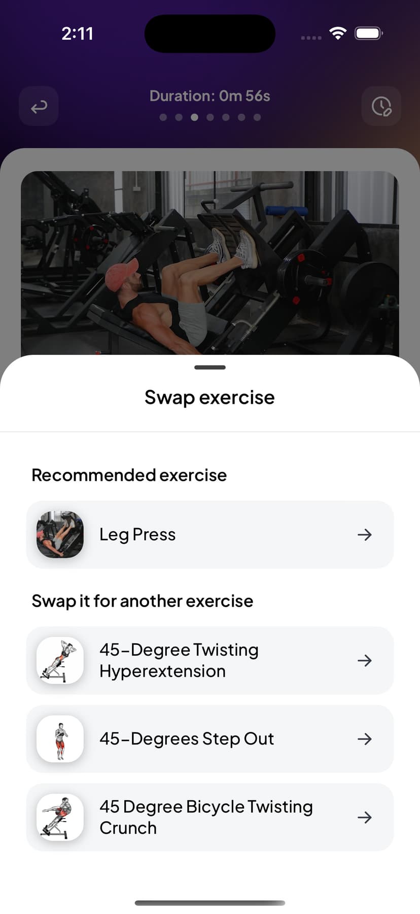 Exercise swap feature showing alternative movements