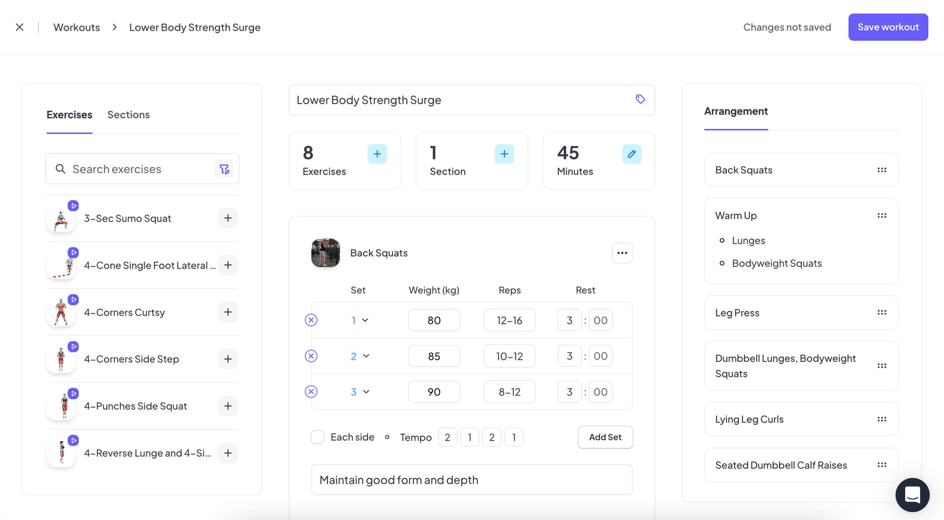 Workout builder interface
