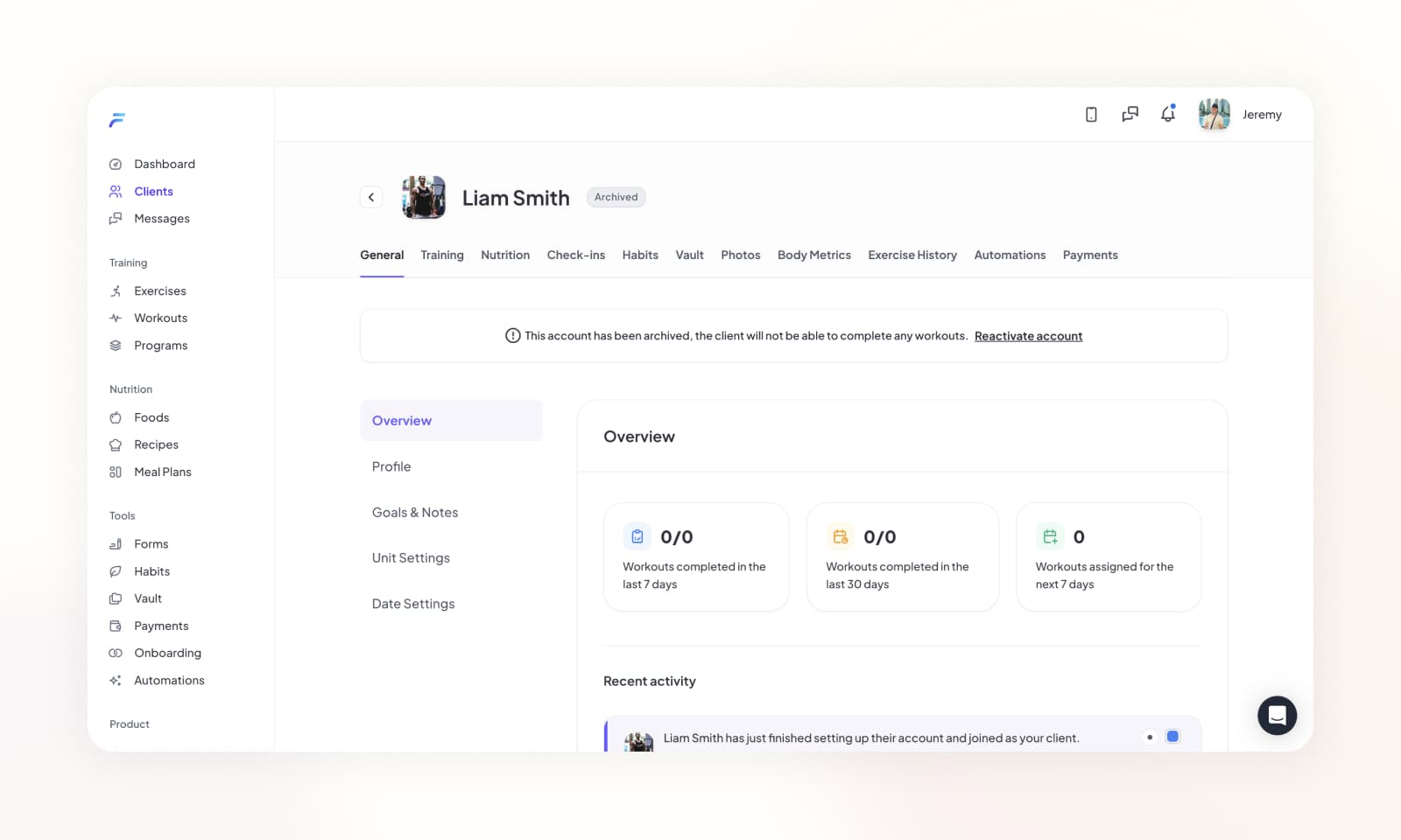 Reactivating a clients account