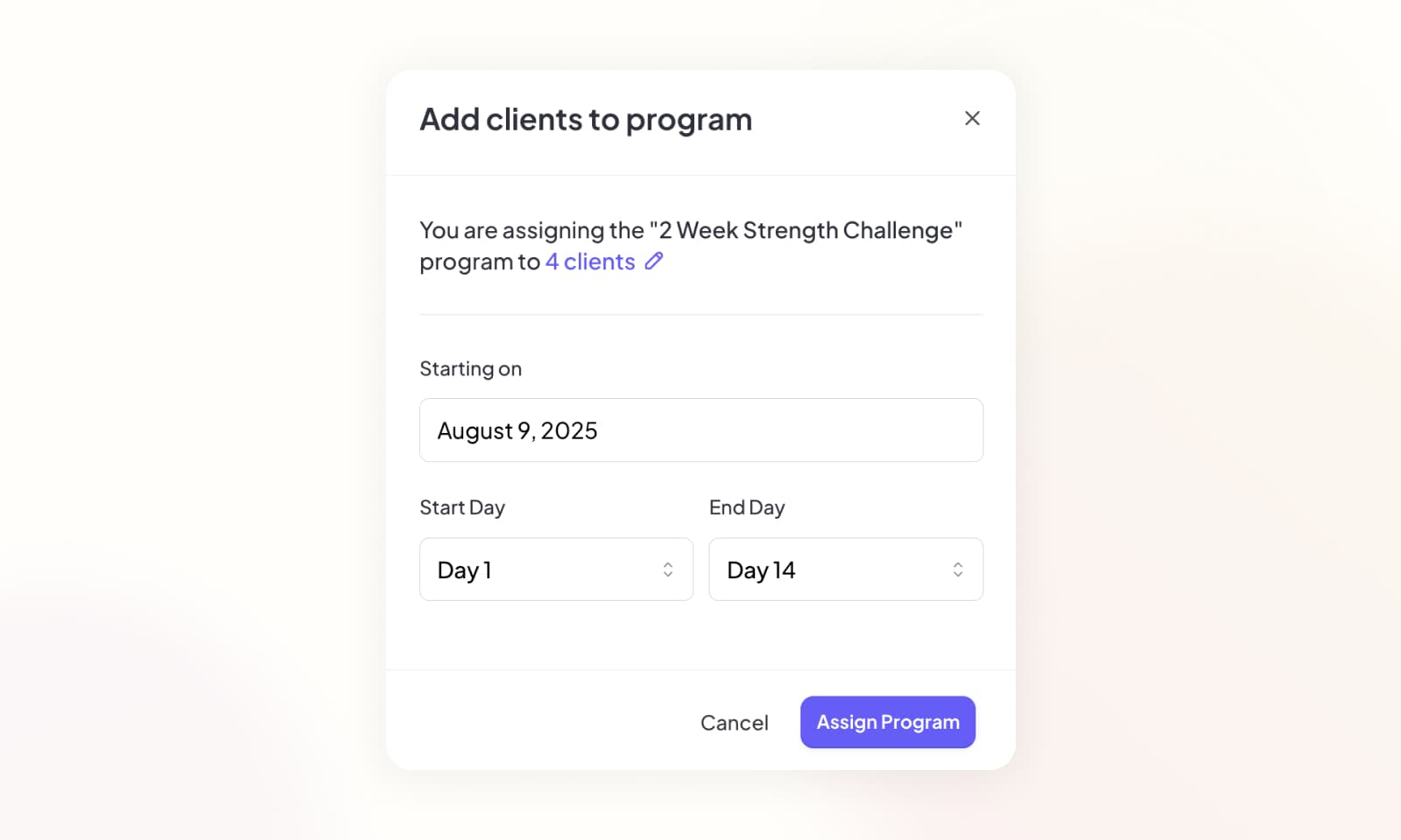 Assigning a program of multiple workouts to a client