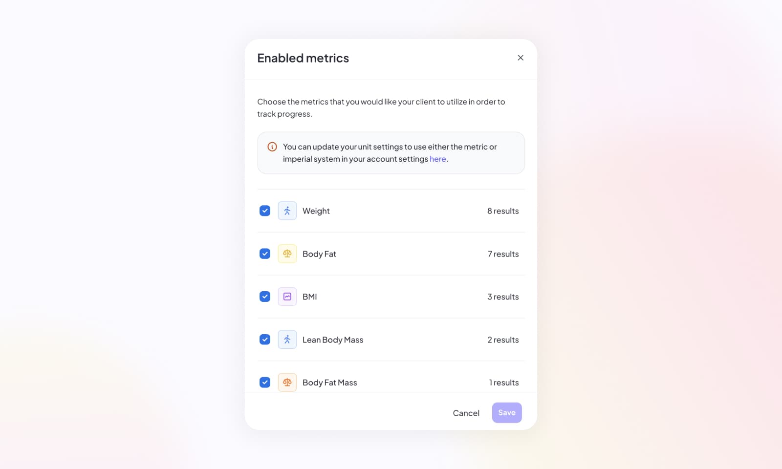The enabled metrics for this client