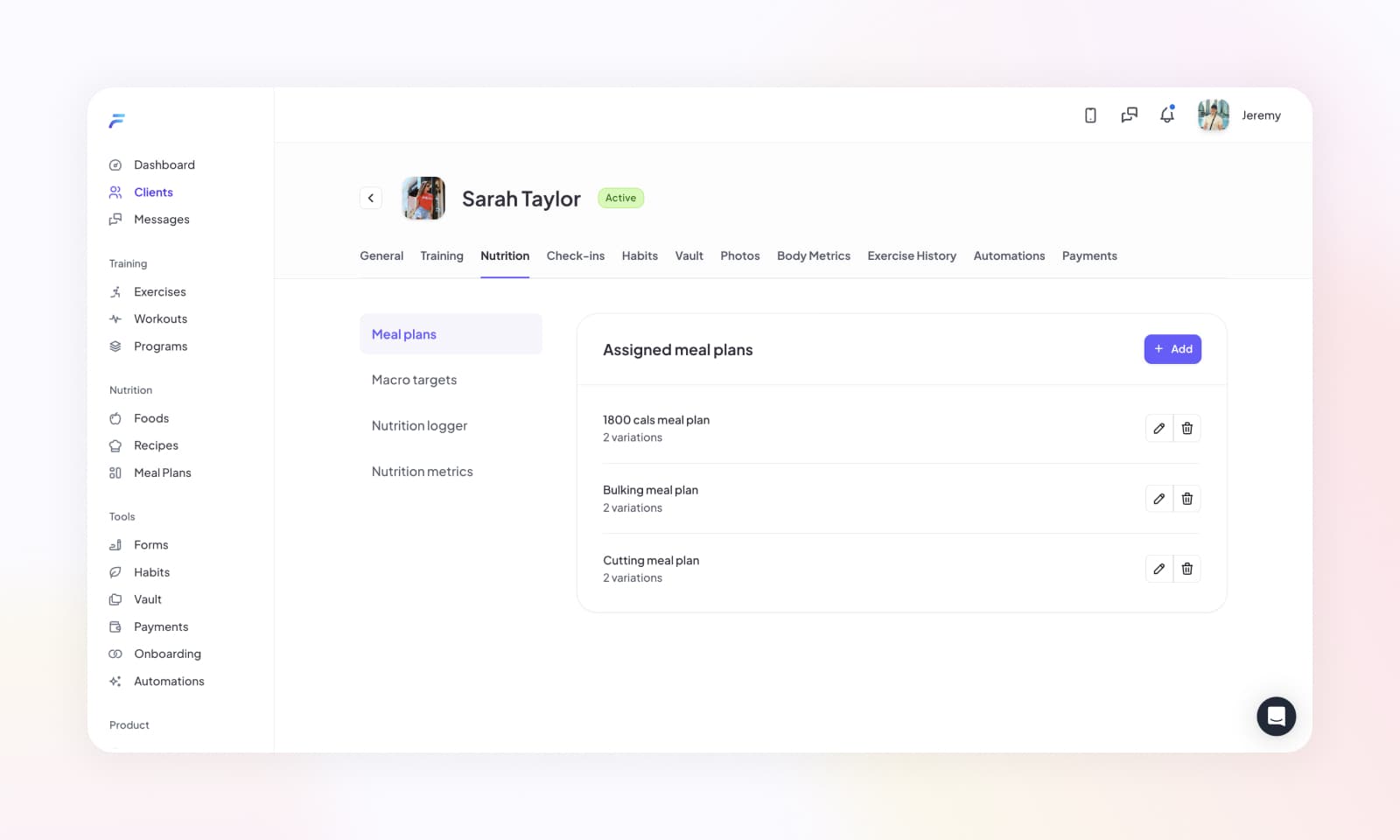 Showing a meal plan which is assigned to a client