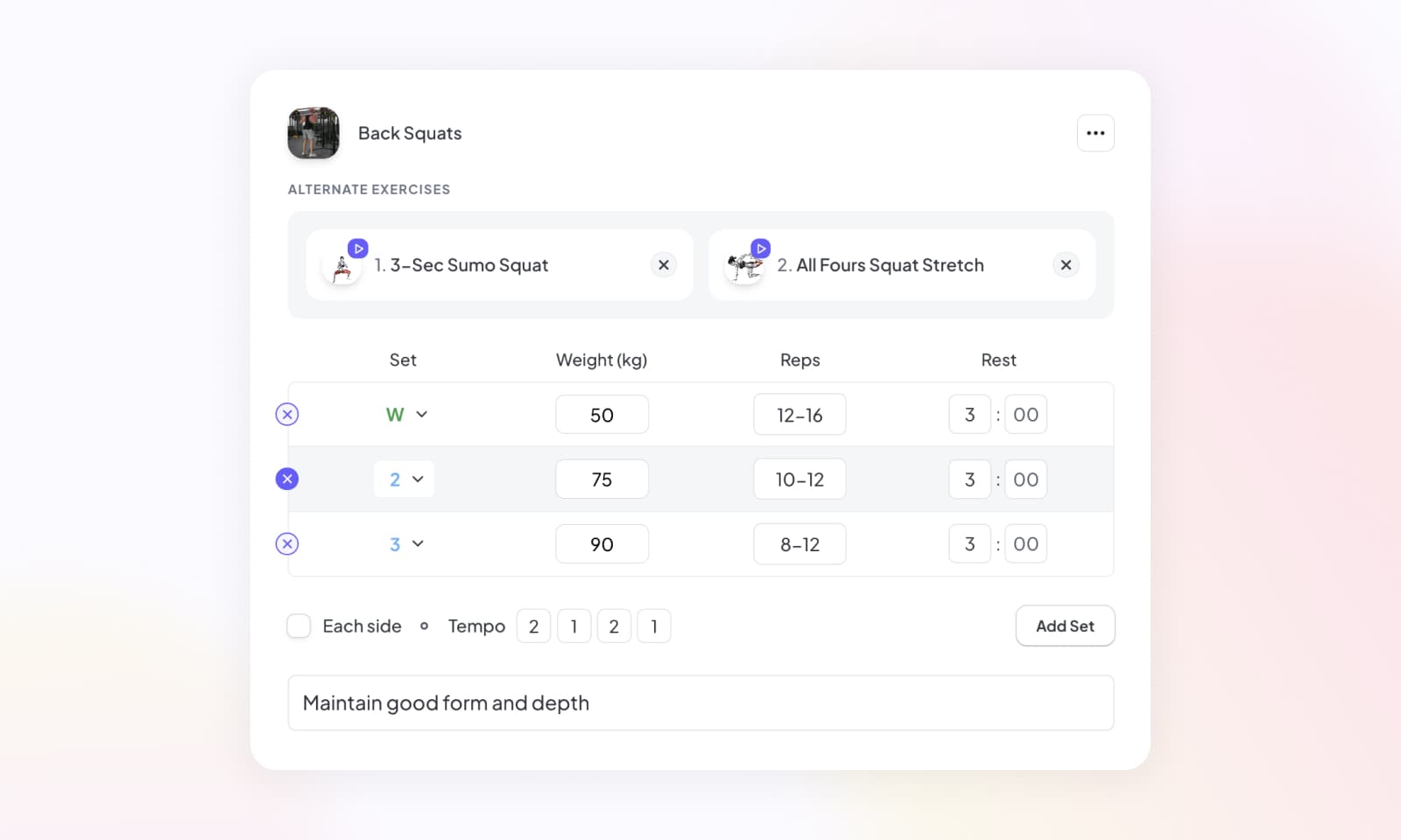 Adding sets to an exercise