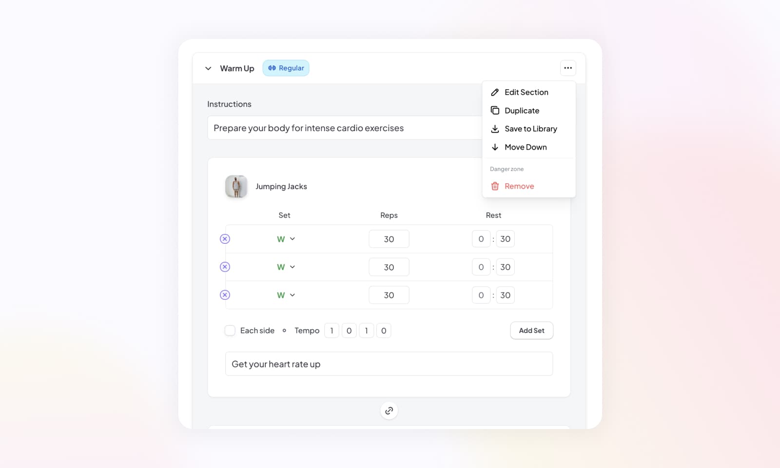 Saving a workout section
