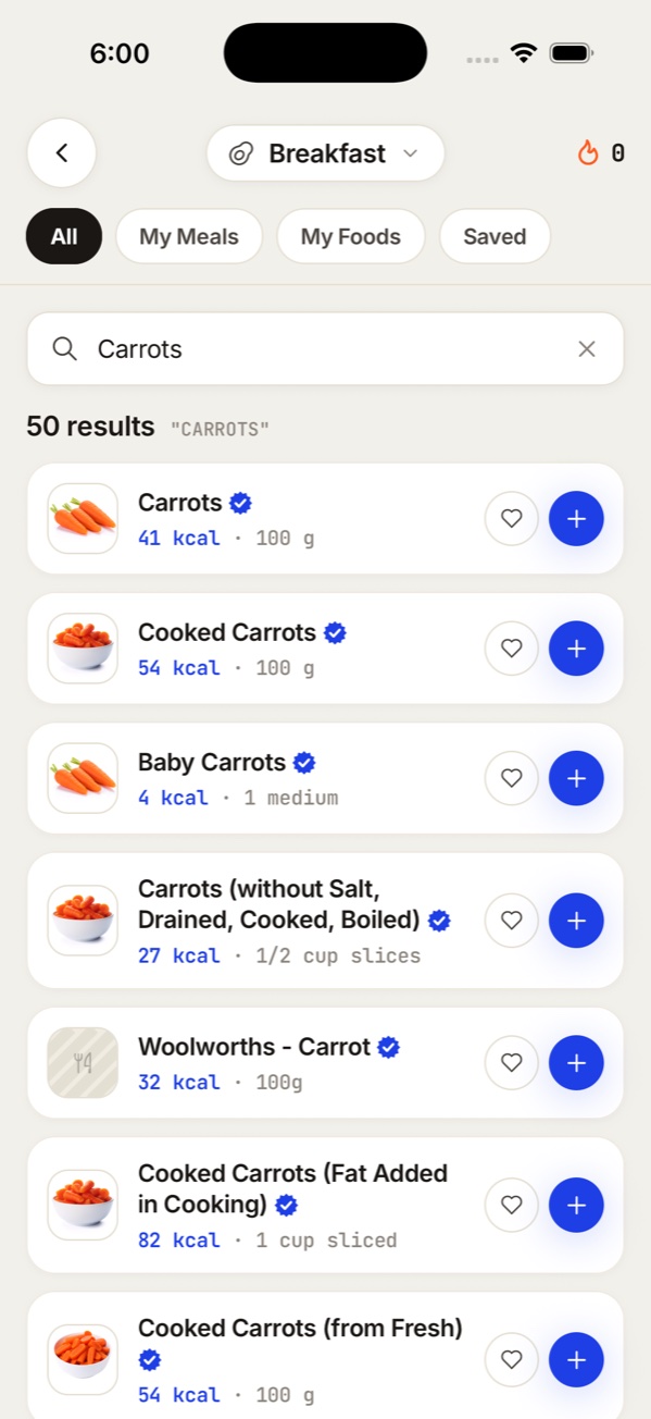 Add-food screen with search and recent items