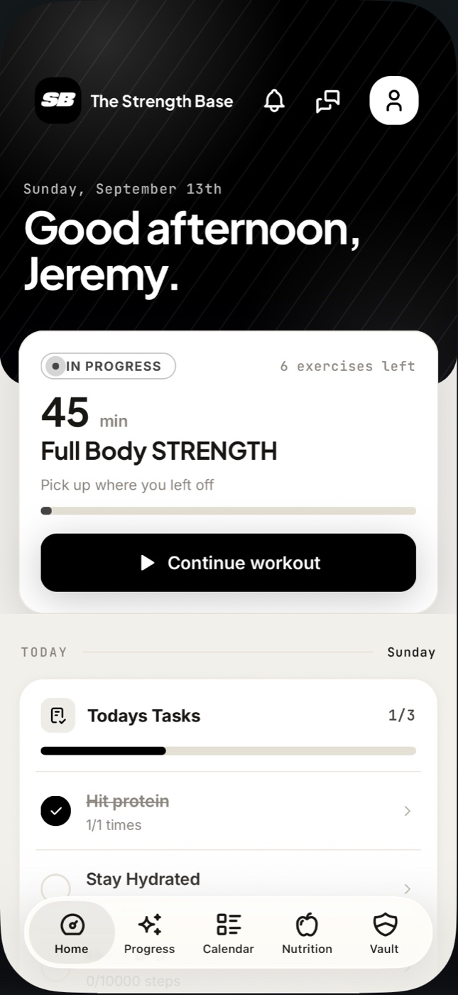The Strength Base's app on a client's phone